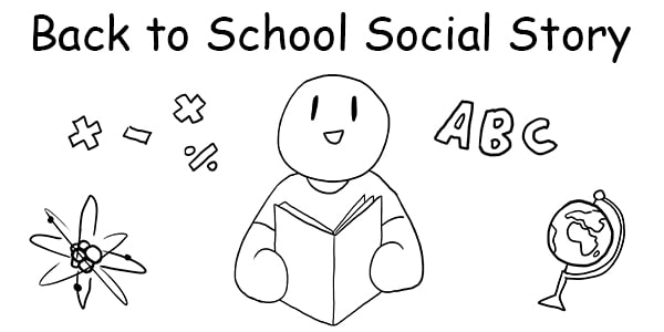 Simple illustration of a happy figure reading a book with educational symbols around.