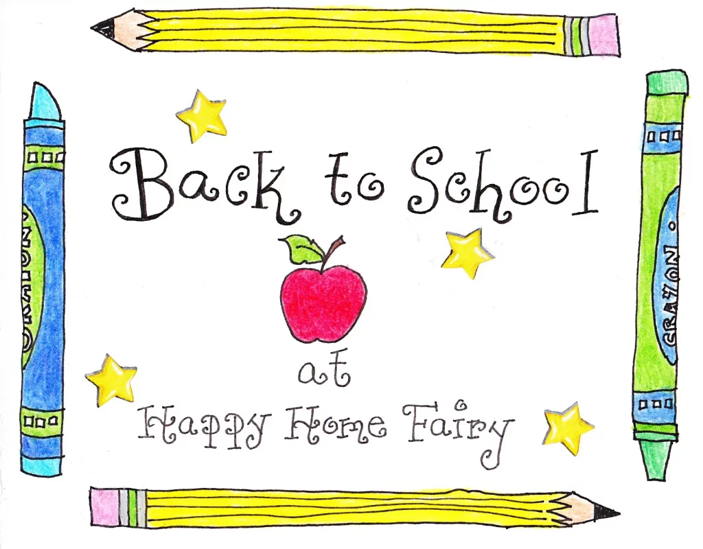 Back to school sign with pencils, stars, and an apple illustration.