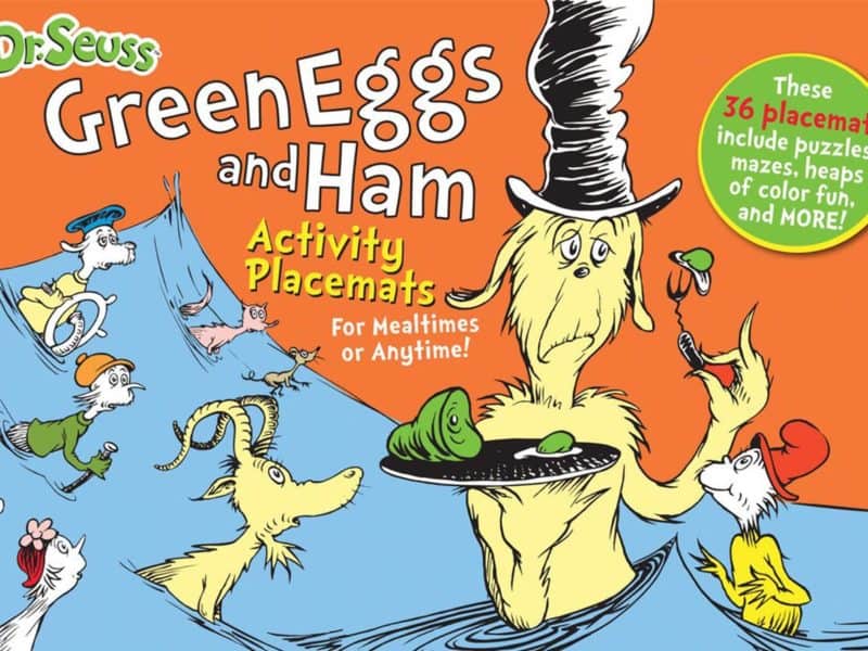Cover of a Dr. Seuss activity book featuring green eggs and ham.