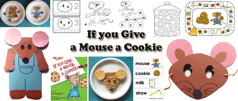 Illustration of a mouse-shaped cookie on a heart plate with book and glass of milk.